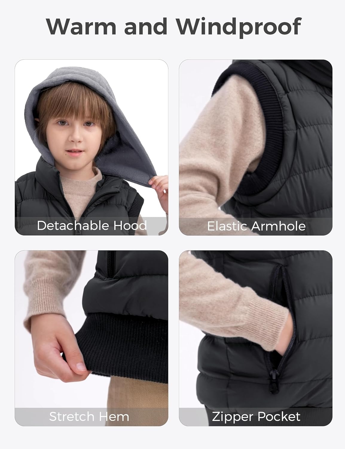 image:imagewantdo Boys Puffer Vest Waterproof Sleeveless Winter Coat with Zip PocketsDark Gray