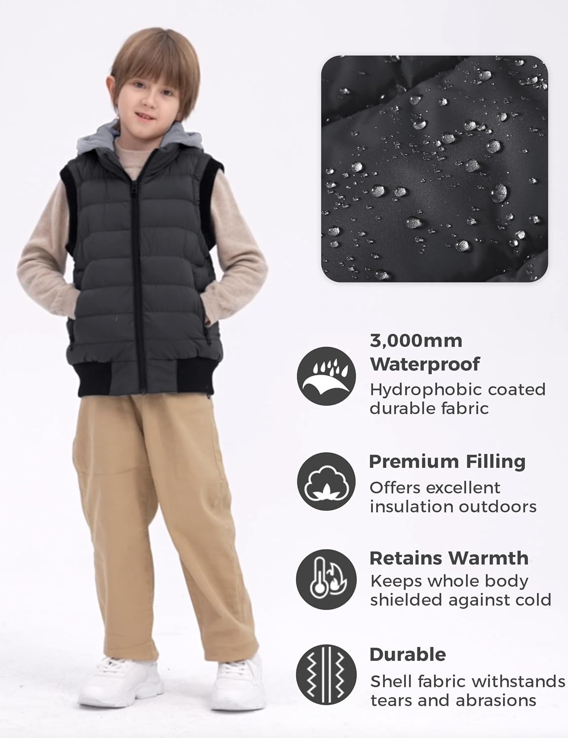 image:imagewantdo Boys Puffer Vest Waterproof Sleeveless Winter Coat with Zip PocketsDark Gray