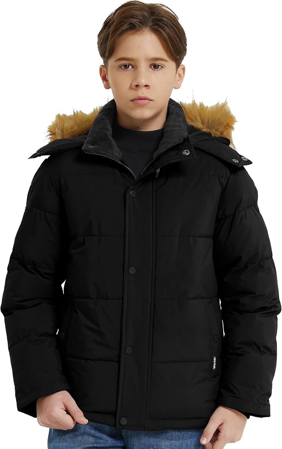 image:imagewantdo Boys Winter Coat Warm Puffer Jacket Waterproof with Faux Fur HoodBlack