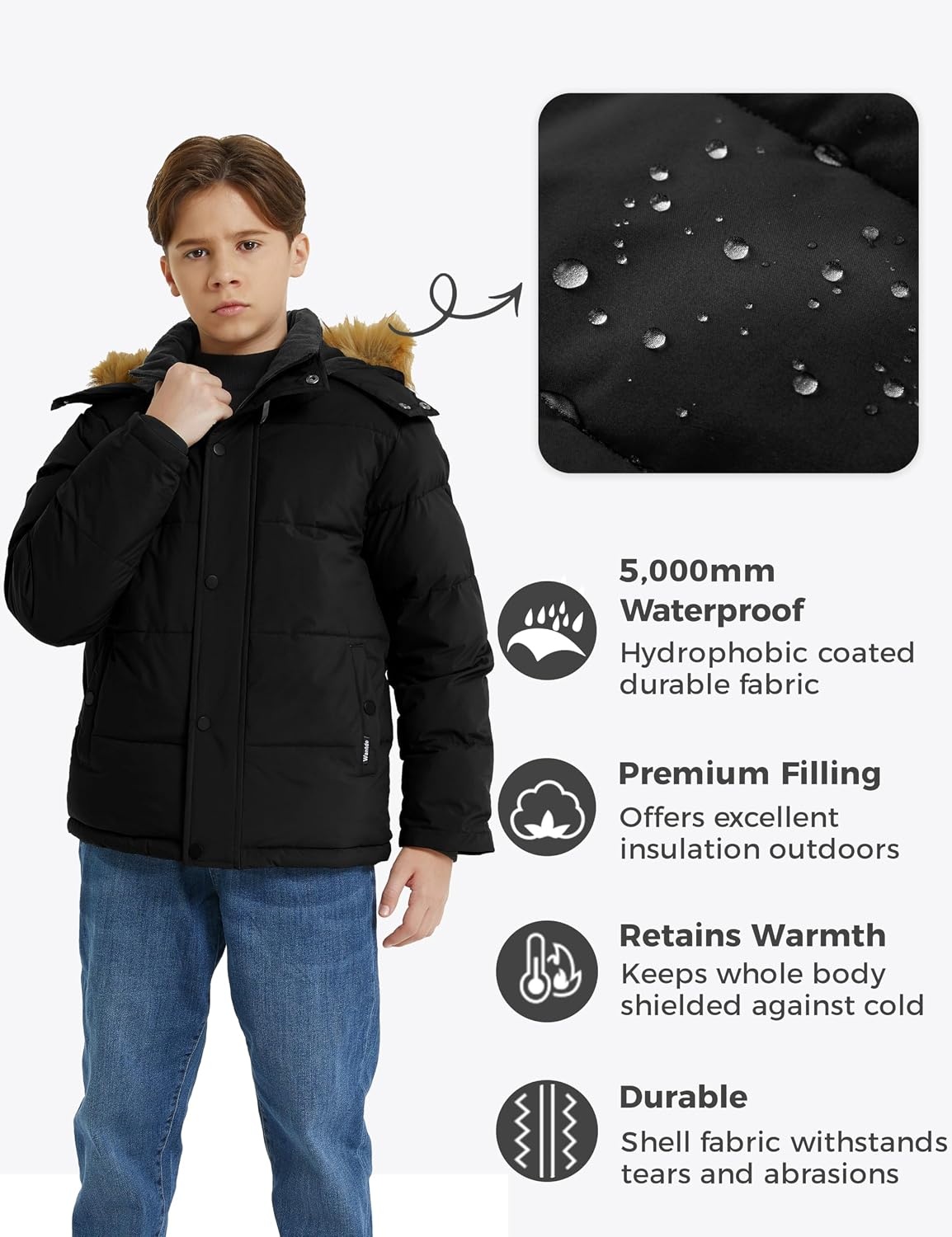 image:imagewantdo Boys Winter Coat Warm Puffer Jacket Waterproof with Faux Fur HoodBlack