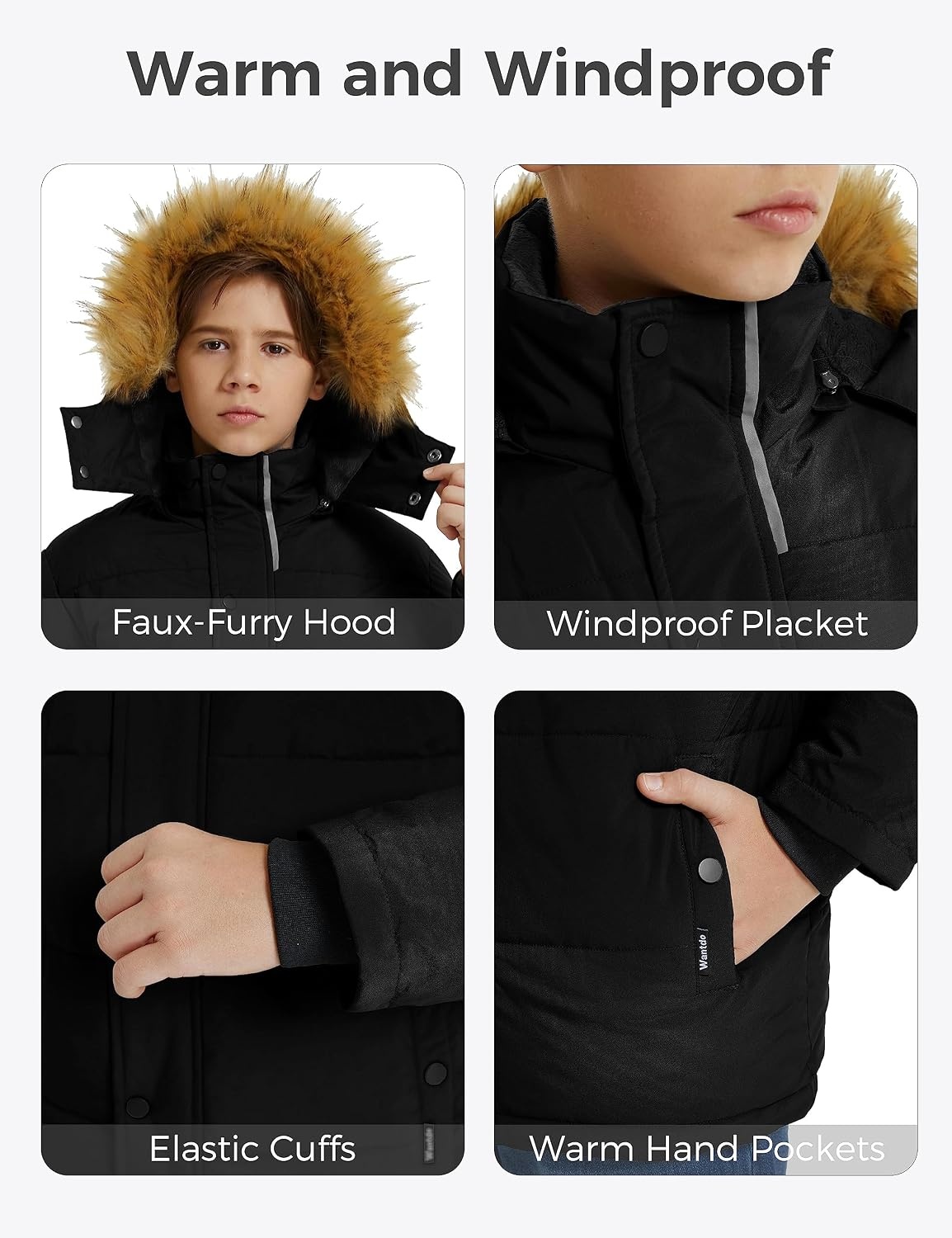image:imagewantdo Boys Winter Coat Warm Puffer Jacket Waterproof with Faux Fur HoodBlack