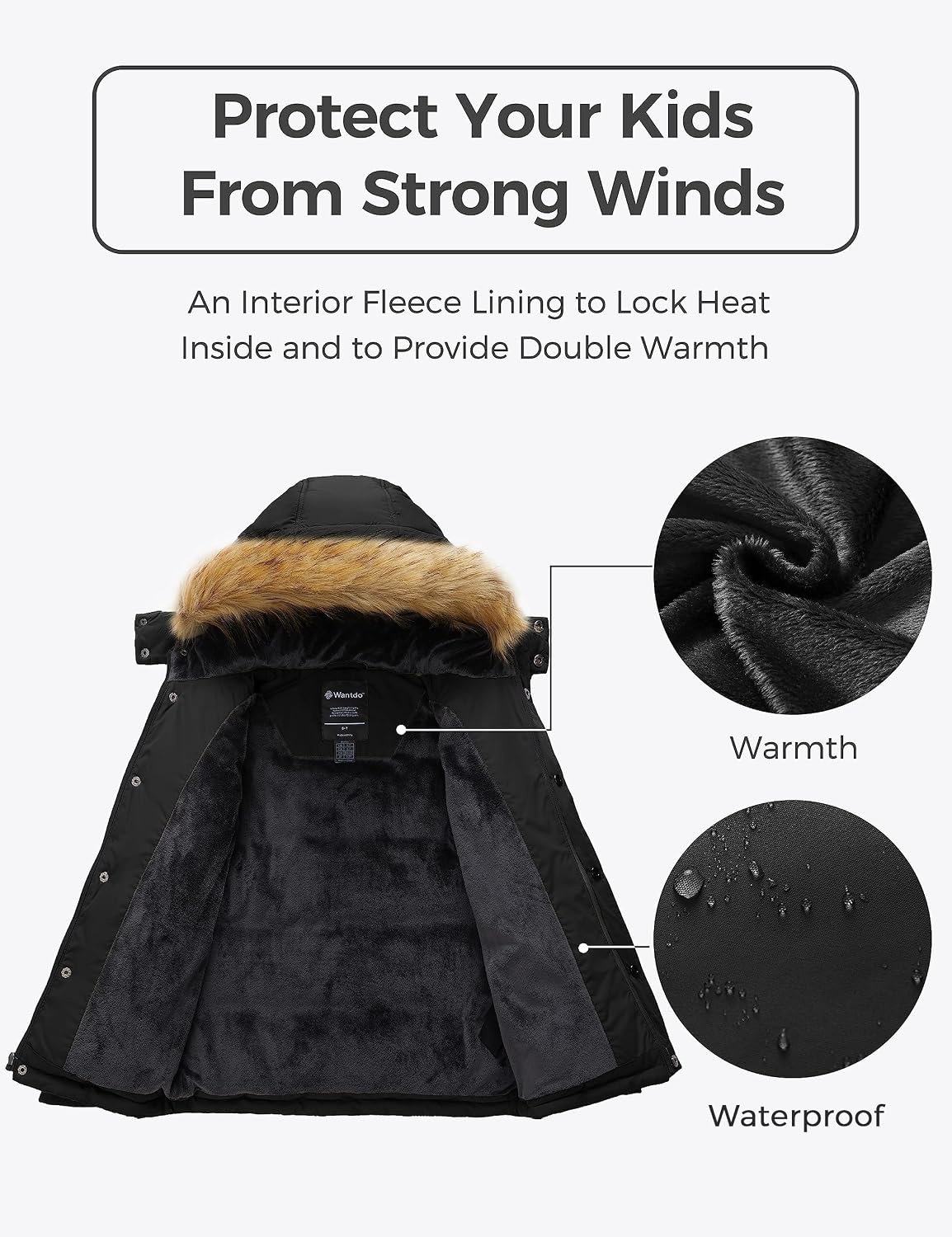 image:imagewantdo Boys Winter Coat Warm Puffer Jacket Waterproof with Faux Fur HoodBlack