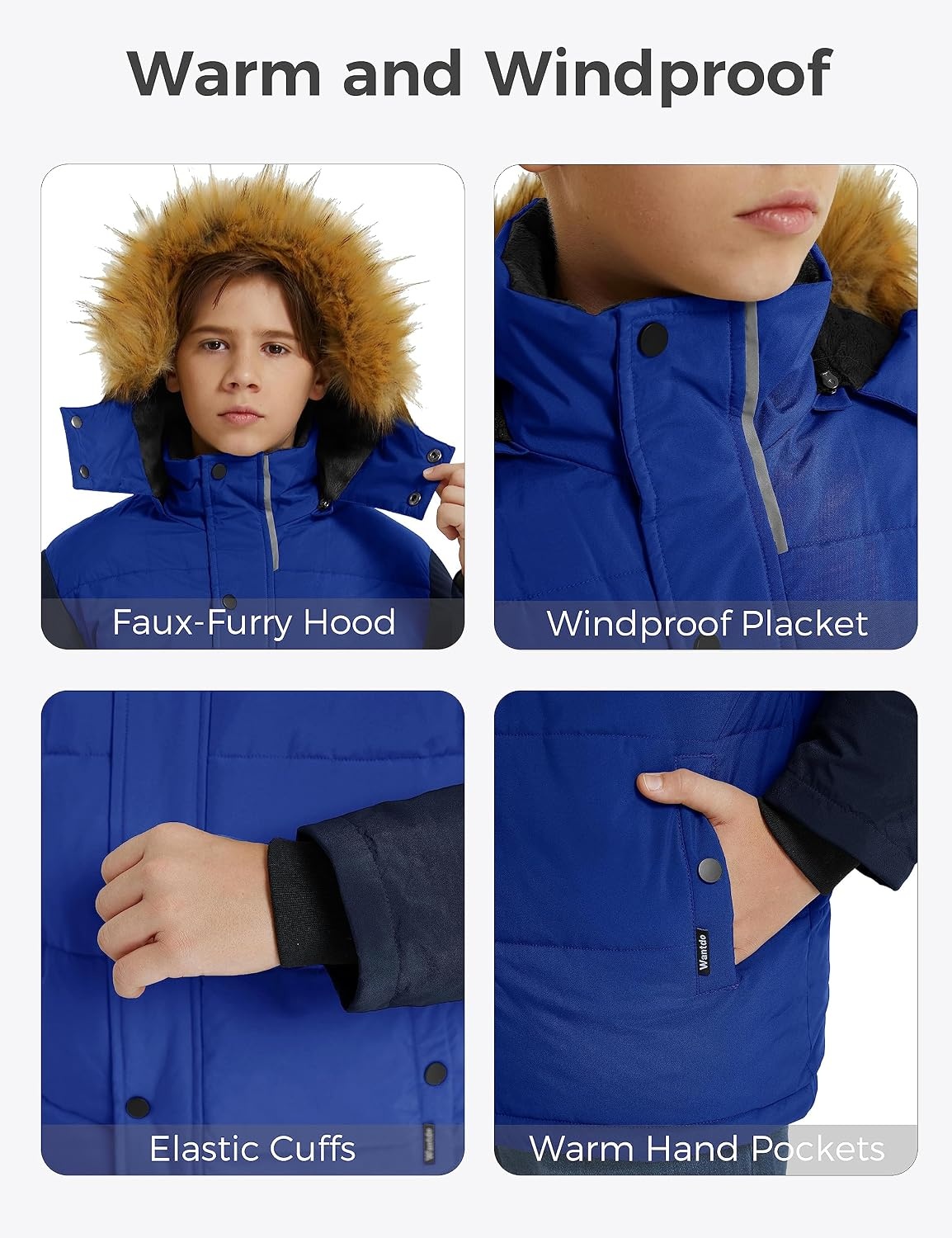 image:imagewantdo Boys Winter Coat Warm Puffer Jacket Waterproof with Faux Fur HoodBlue Navy