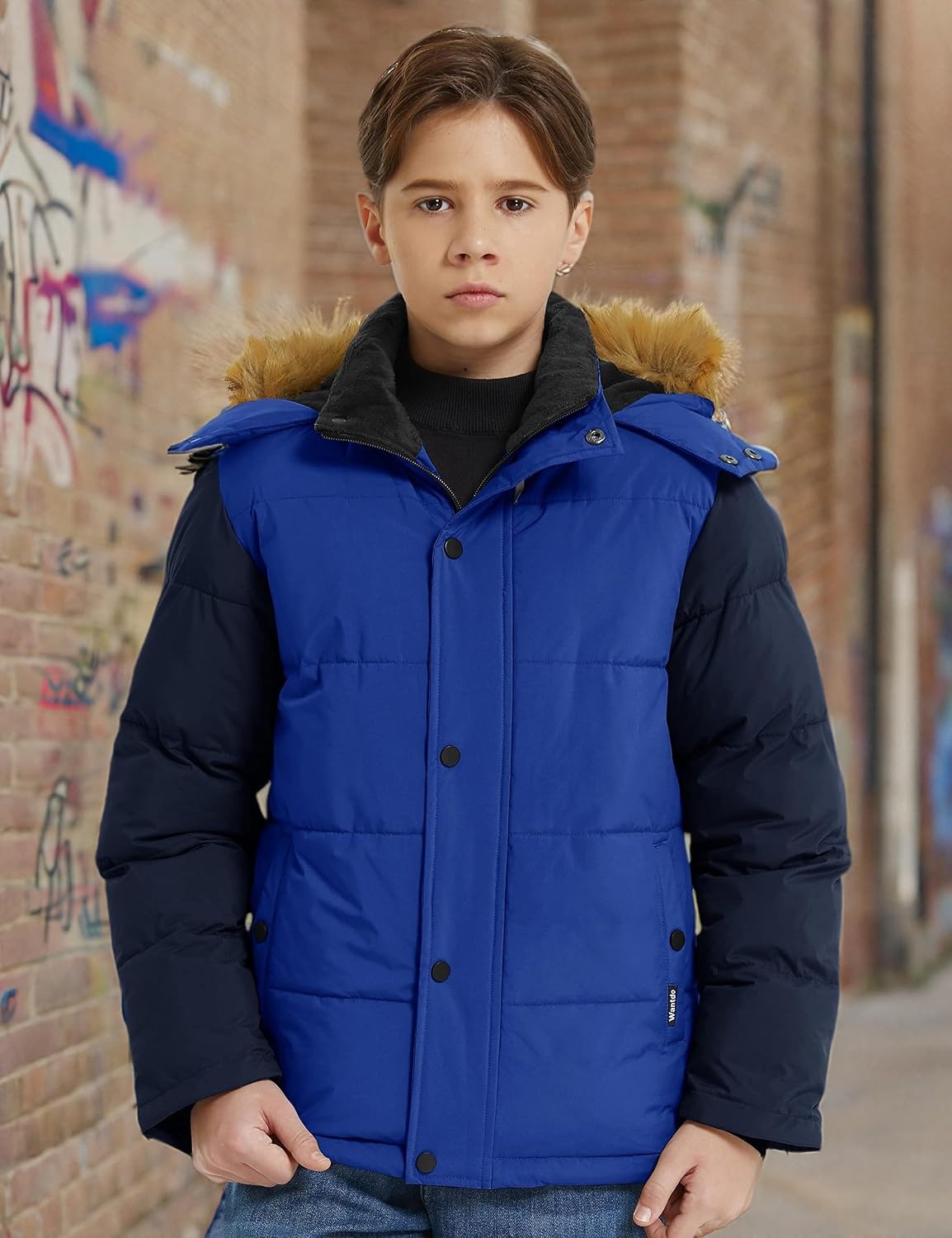 image:imagewantdo Boys Winter Coat Warm Puffer Jacket Waterproof with Faux Fur HoodBlue Navy
