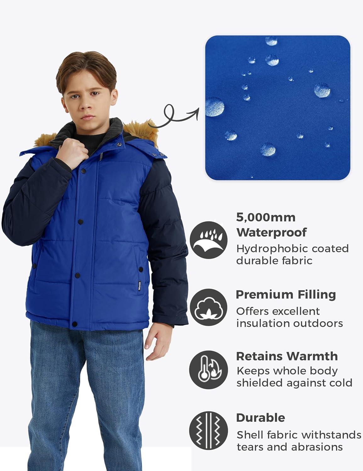 image:imagewantdo Boys Winter Coat Warm Puffer Jacket Waterproof with Faux Fur HoodBlue Navy