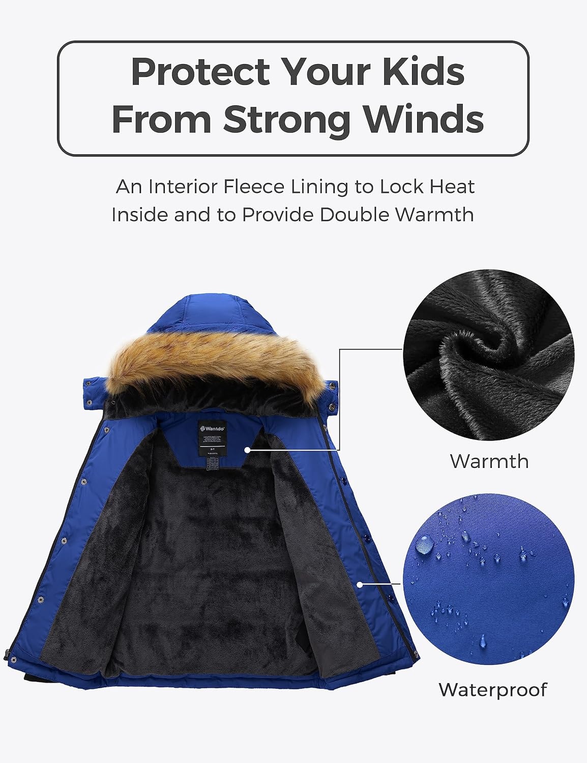 image:imagewantdo Boys Winter Coat Warm Puffer Jacket Waterproof with Faux Fur HoodBlue Navy