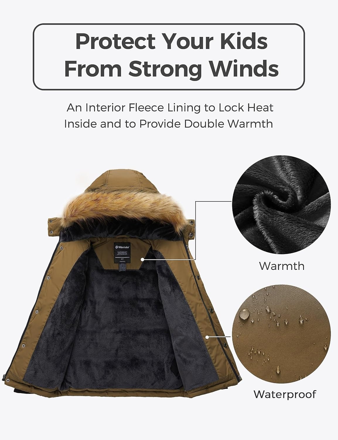 image:imagewantdo Boys Winter Coat Warm Puffer Jacket Waterproof with Faux Fur HoodKhaki
