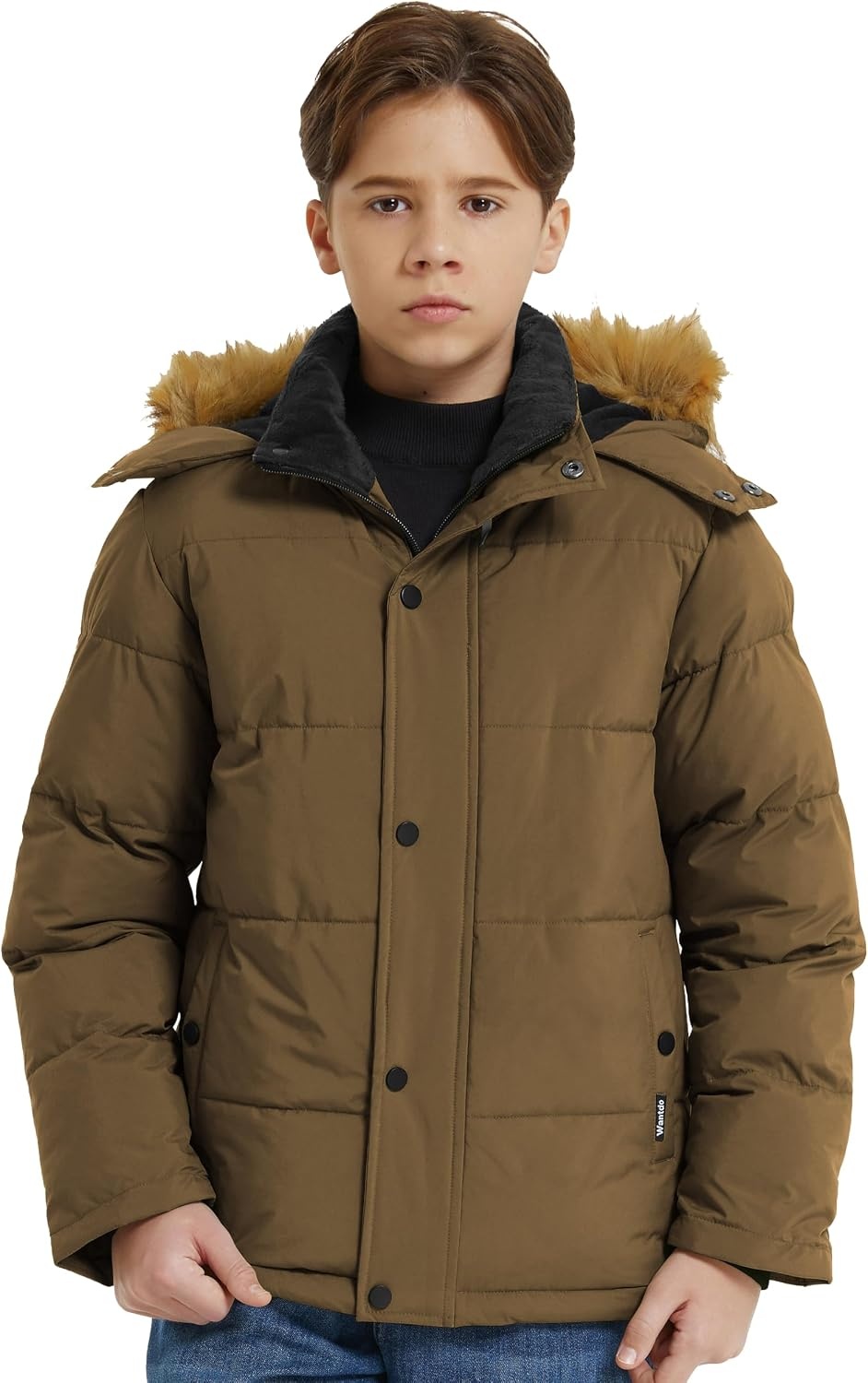 image:imagewantdo Boys Winter Coat Warm Puffer Jacket Waterproof with Faux Fur HoodKhaki