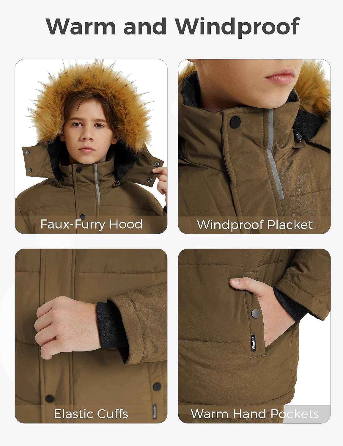 image:imagewantdo Boys Winter Coat Warm Puffer Jacket Waterproof with Faux Fur HoodKhaki