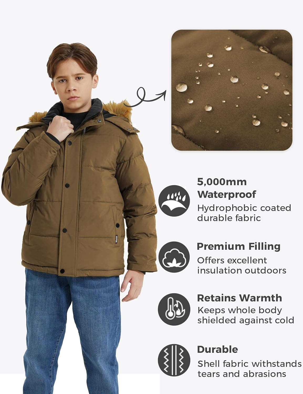 image:imagewantdo Boys Winter Coat Warm Puffer Jacket Waterproof with Faux Fur HoodKhaki