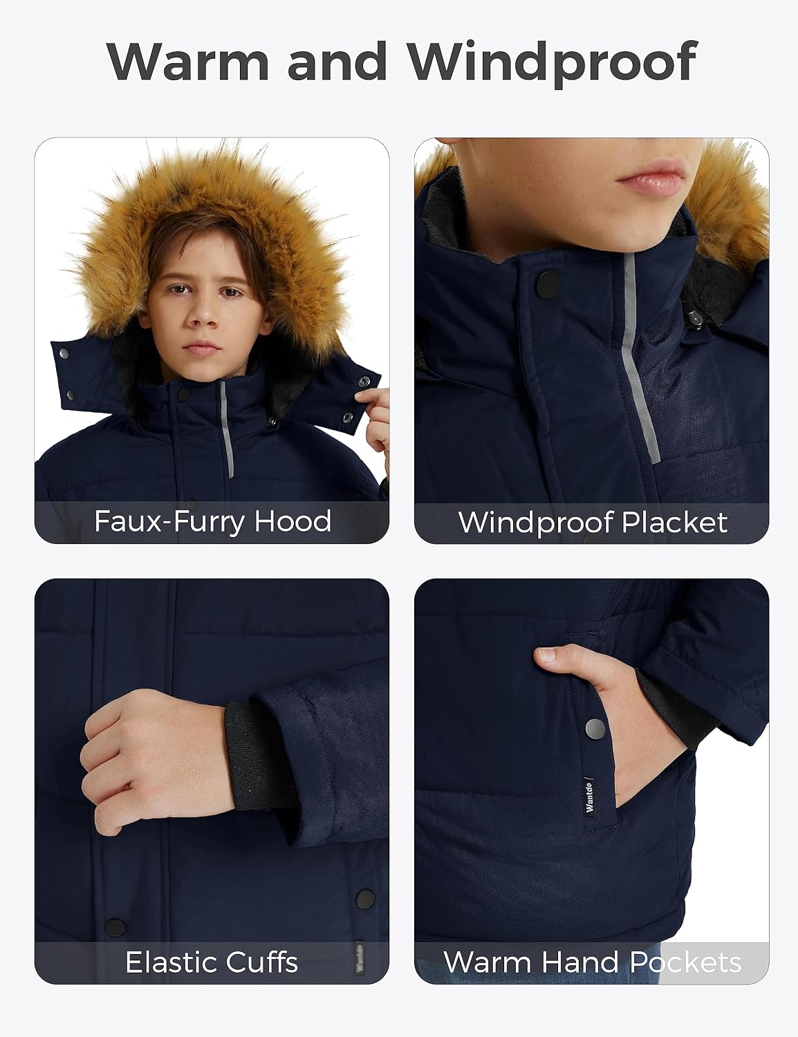 image:imagewantdo Boys Winter Coat Warm Puffer Jacket Waterproof with Faux Fur HoodNavy