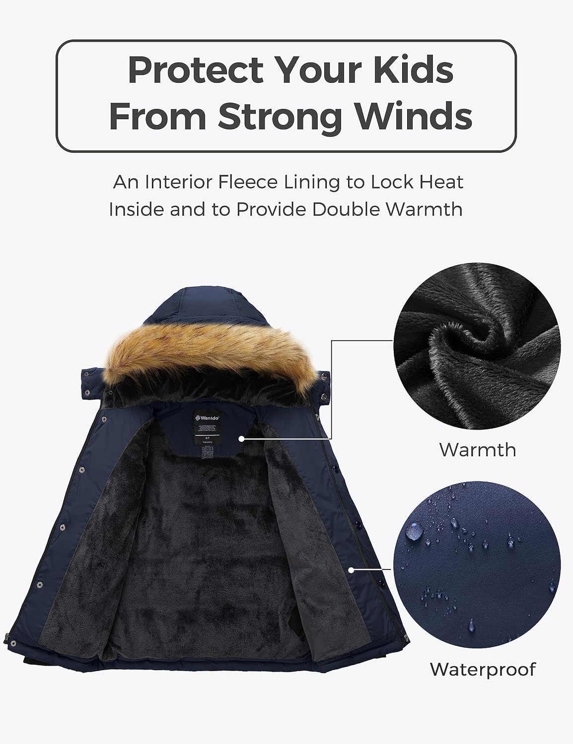 image:imagewantdo Boys Winter Coat Warm Puffer Jacket Waterproof with Faux Fur HoodNavy