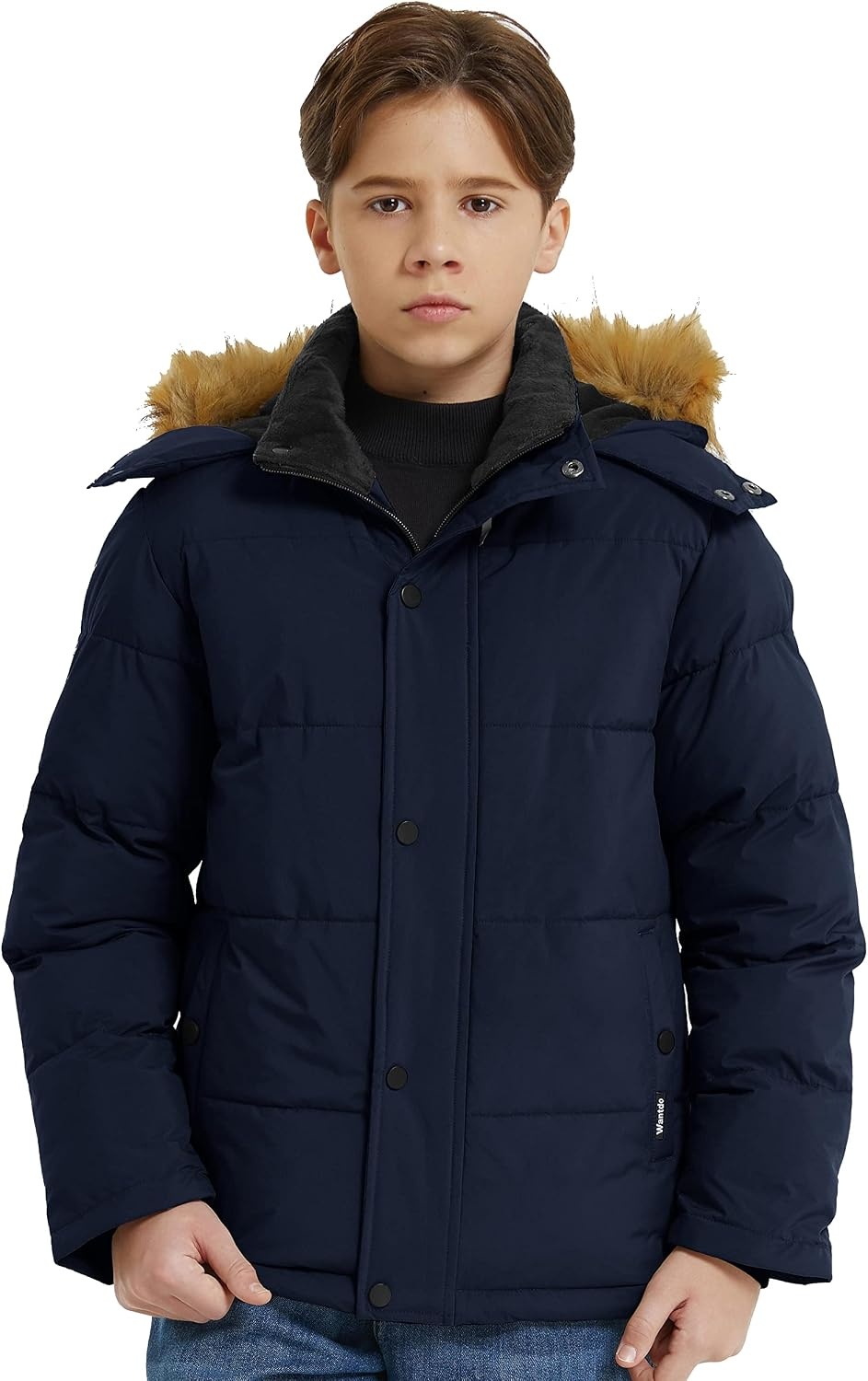 image:imagewantdo Boys Winter Coat Warm Puffer Jacket Waterproof with Faux Fur HoodNavy