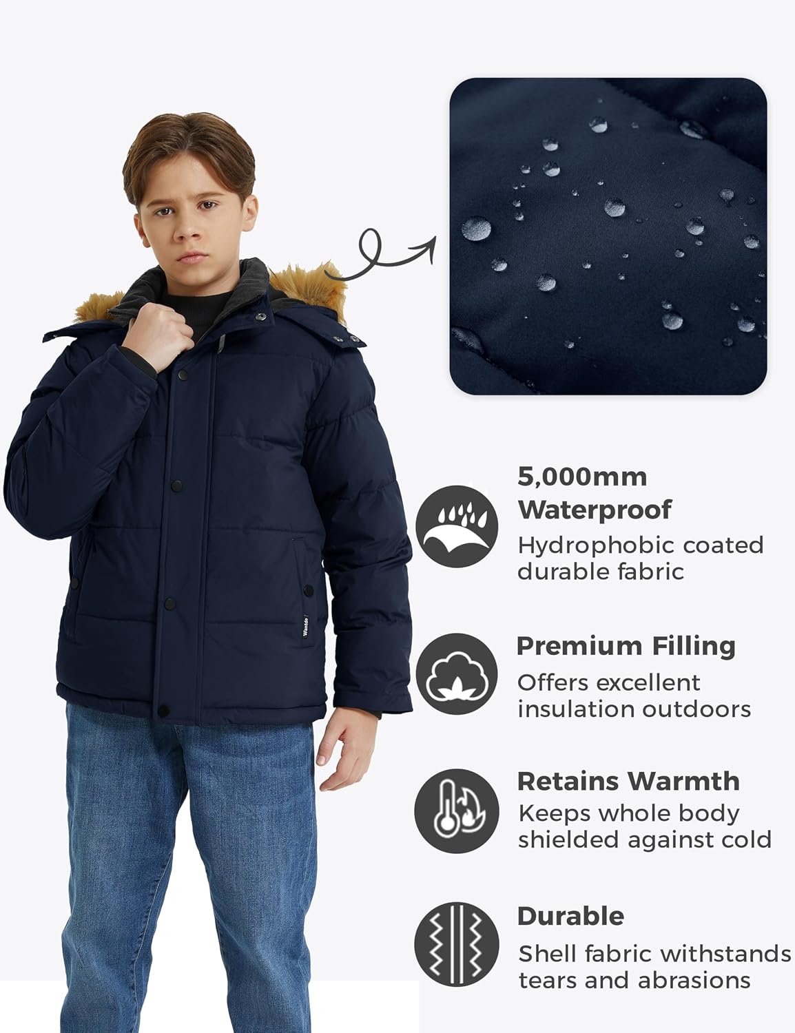 image:imagewantdo Boys Winter Coat Warm Puffer Jacket Waterproof with Faux Fur HoodNavy