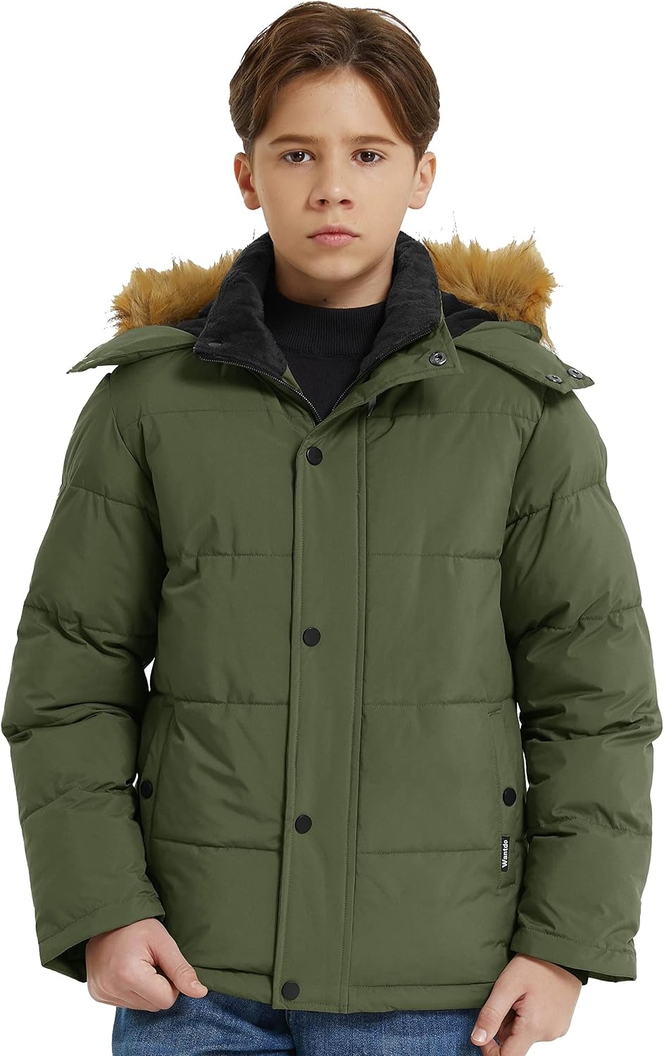 image:imagewantdo Boys Winter Coat Warm Puffer Jacket Waterproof with Faux Fur HoodOlive