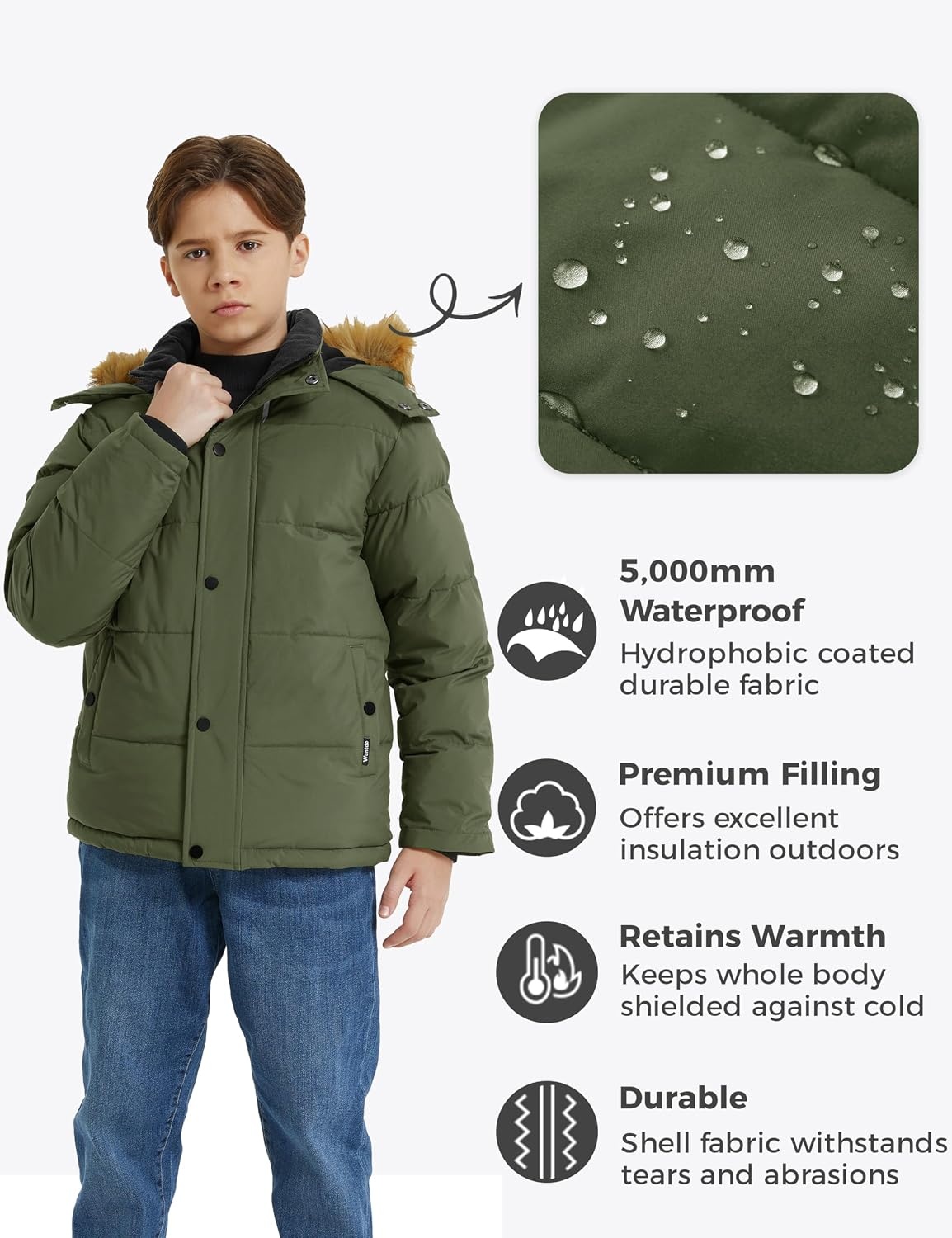 image:imagewantdo Boys Winter Coat Warm Puffer Jacket Waterproof with Faux Fur HoodOlive
