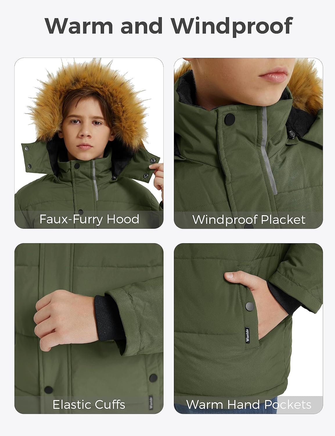 image:imagewantdo Boys Winter Coat Warm Puffer Jacket Waterproof with Faux Fur HoodOlive