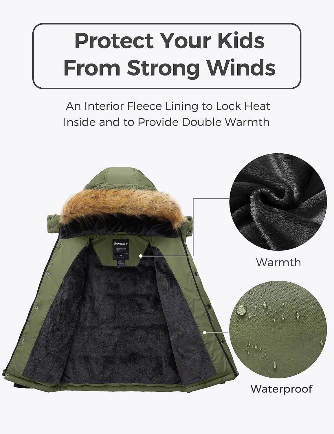 image:imagewantdo Boys Winter Coat Warm Puffer Jacket Waterproof with Faux Fur HoodOlive