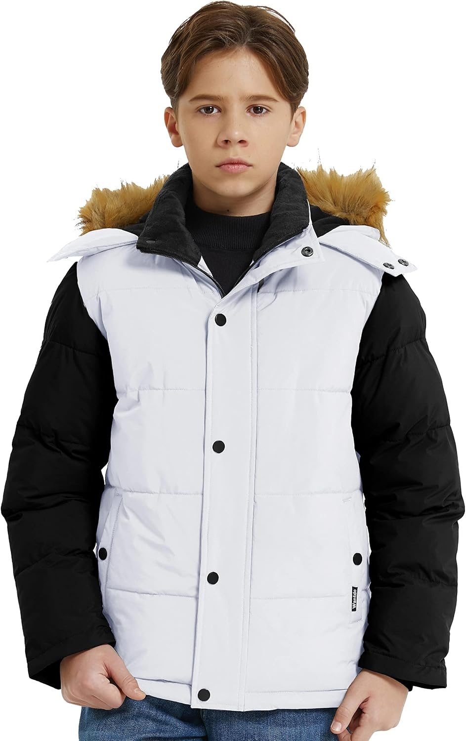 image:imagewantdo Boys Winter Coat Warm Puffer Jacket Waterproof with Faux Fur HoodWhite Black