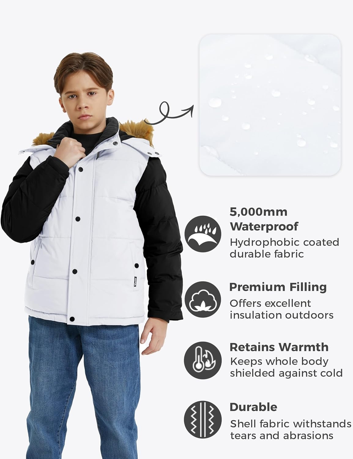 image:imagewantdo Boys Winter Coat Warm Puffer Jacket Waterproof with Faux Fur HoodWhite Black