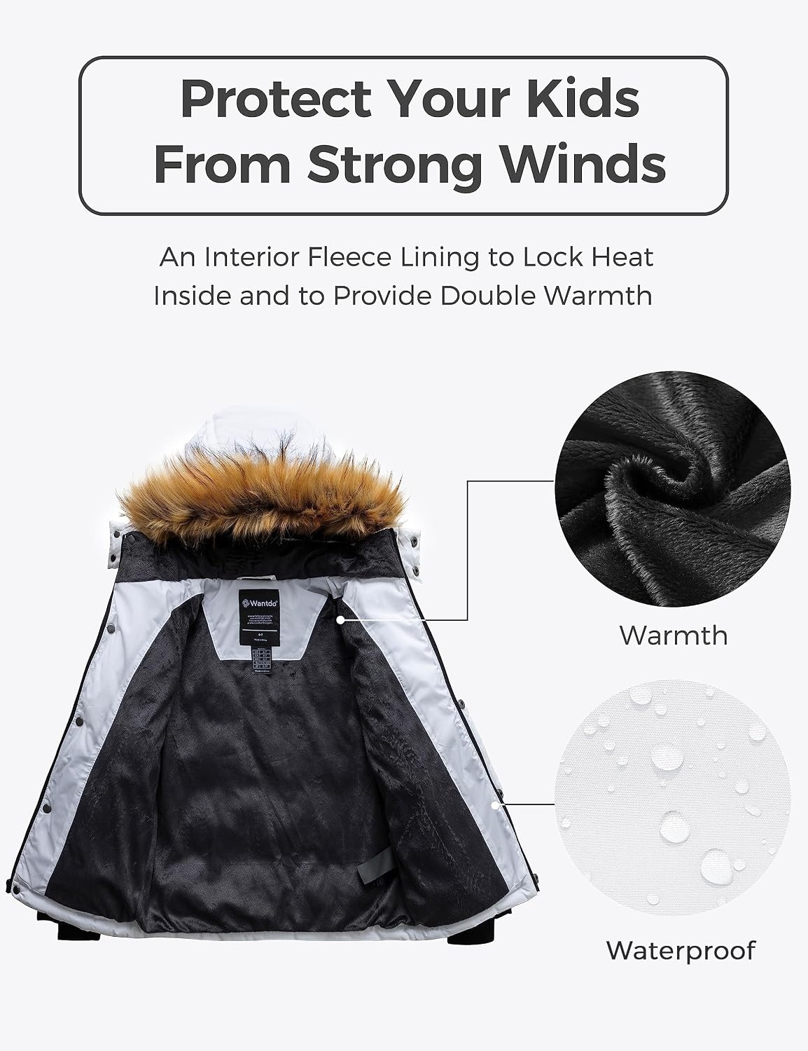 image:imagewantdo Boys Winter Coat Warm Puffer Jacket Waterproof with Faux Fur HoodWhite Black