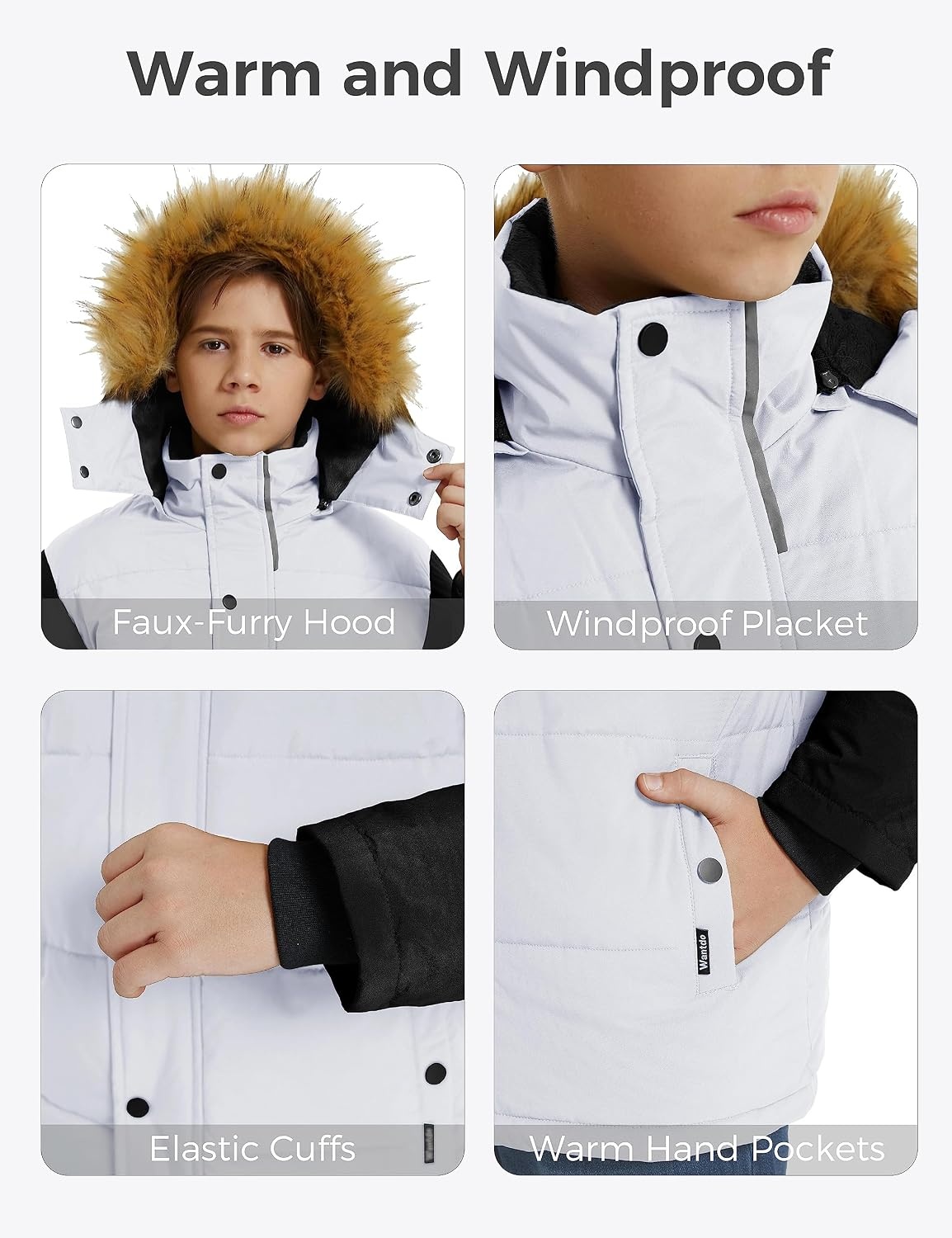 image:imagewantdo Boys Winter Coat Warm Puffer Jacket Waterproof with Faux Fur HoodWhite Black