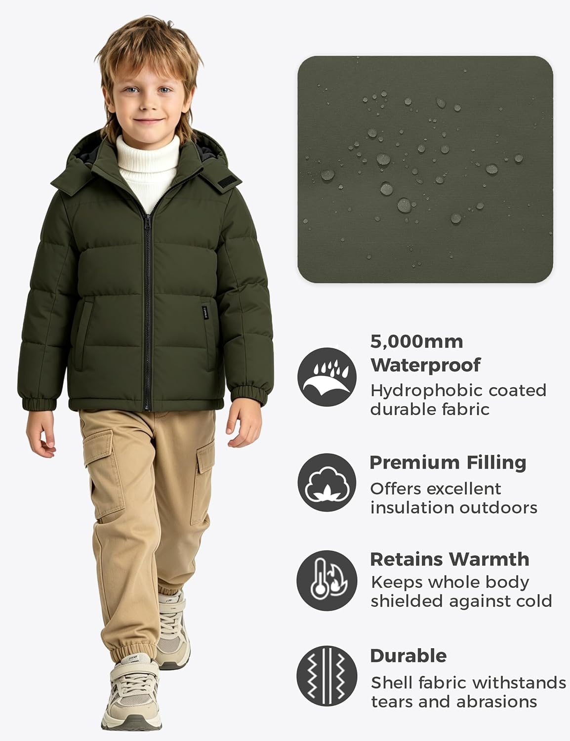 image:imagewantdo Boys Winter Coat Waterproof Puffer Jacket Parka with Removable HoodArmy Green