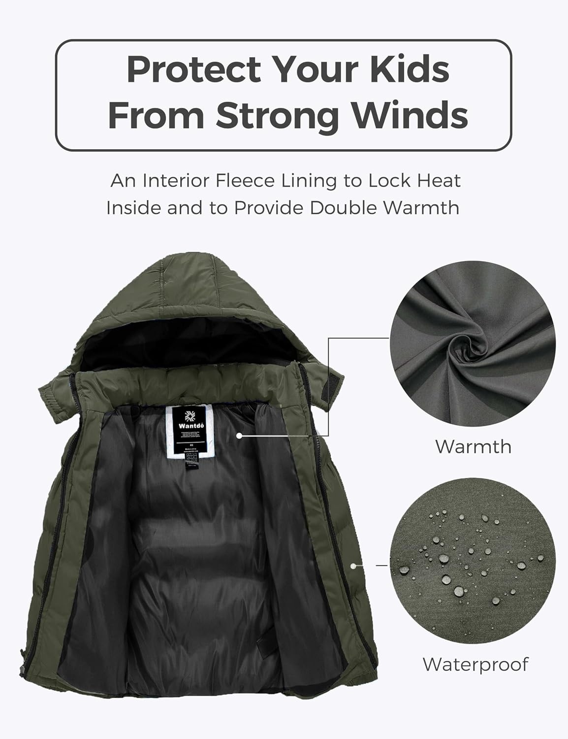 image:imagewantdo Boys Winter Coat Waterproof Puffer Jacket Parka with Removable HoodArmy Green