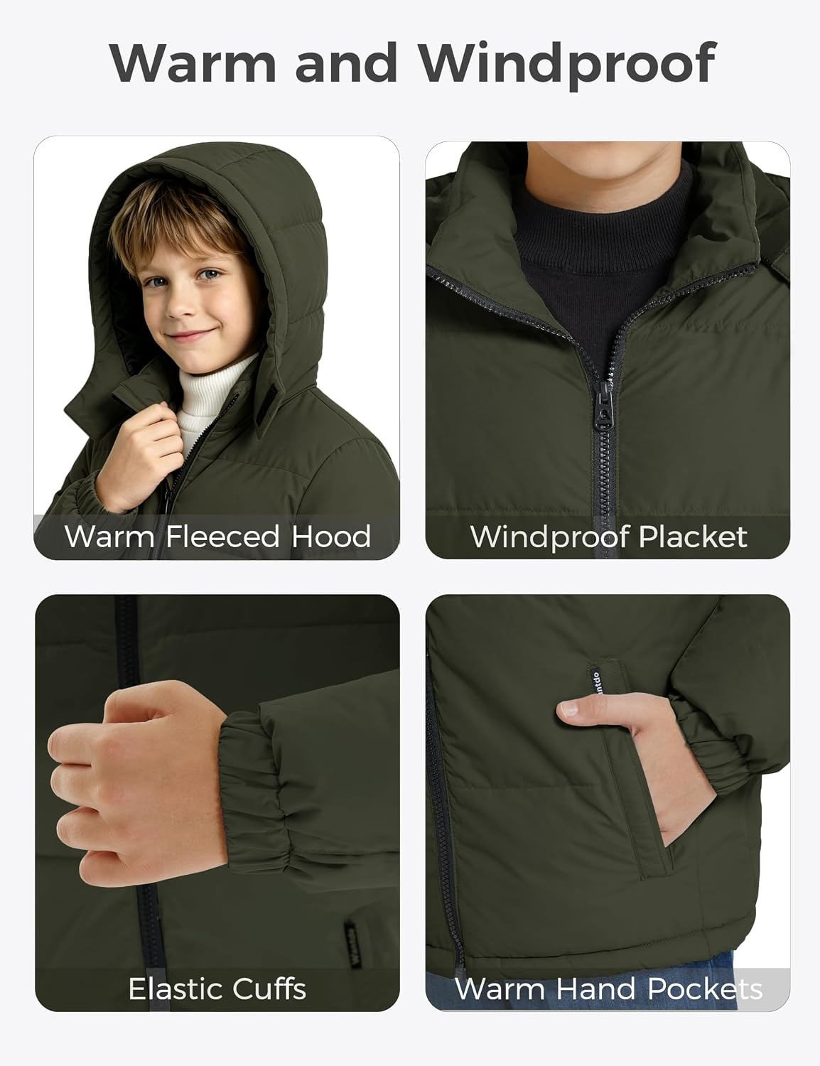 image:imagewantdo Boys Winter Coat Waterproof Puffer Jacket Parka with Removable HoodArmy Green
