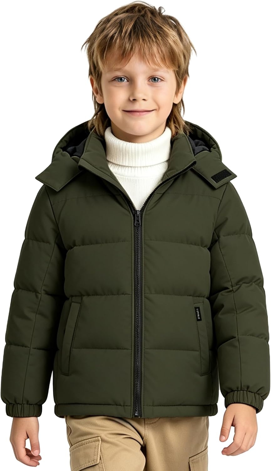 image:imagewantdo Boys Winter Coat Waterproof Puffer Jacket Parka with Removable HoodArmy Green
