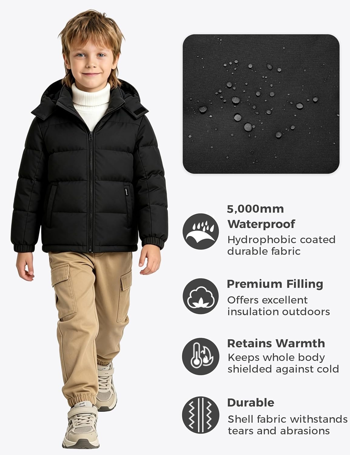 image:imagewantdo Boys Winter Coat Waterproof Puffer Jacket Parka with Removable HoodBlack