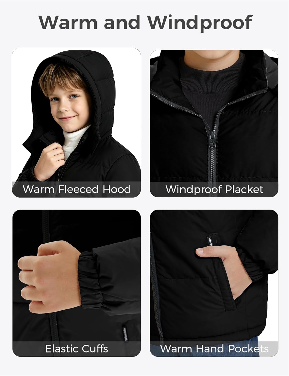 image:imagewantdo Boys Winter Coat Waterproof Puffer Jacket Parka with Removable HoodBlack