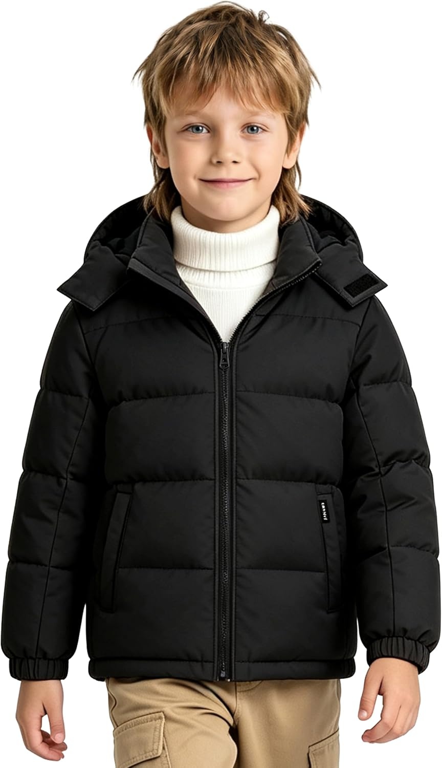 image:imagewantdo Boys Winter Coat Waterproof Puffer Jacket Parka with Removable HoodBlack