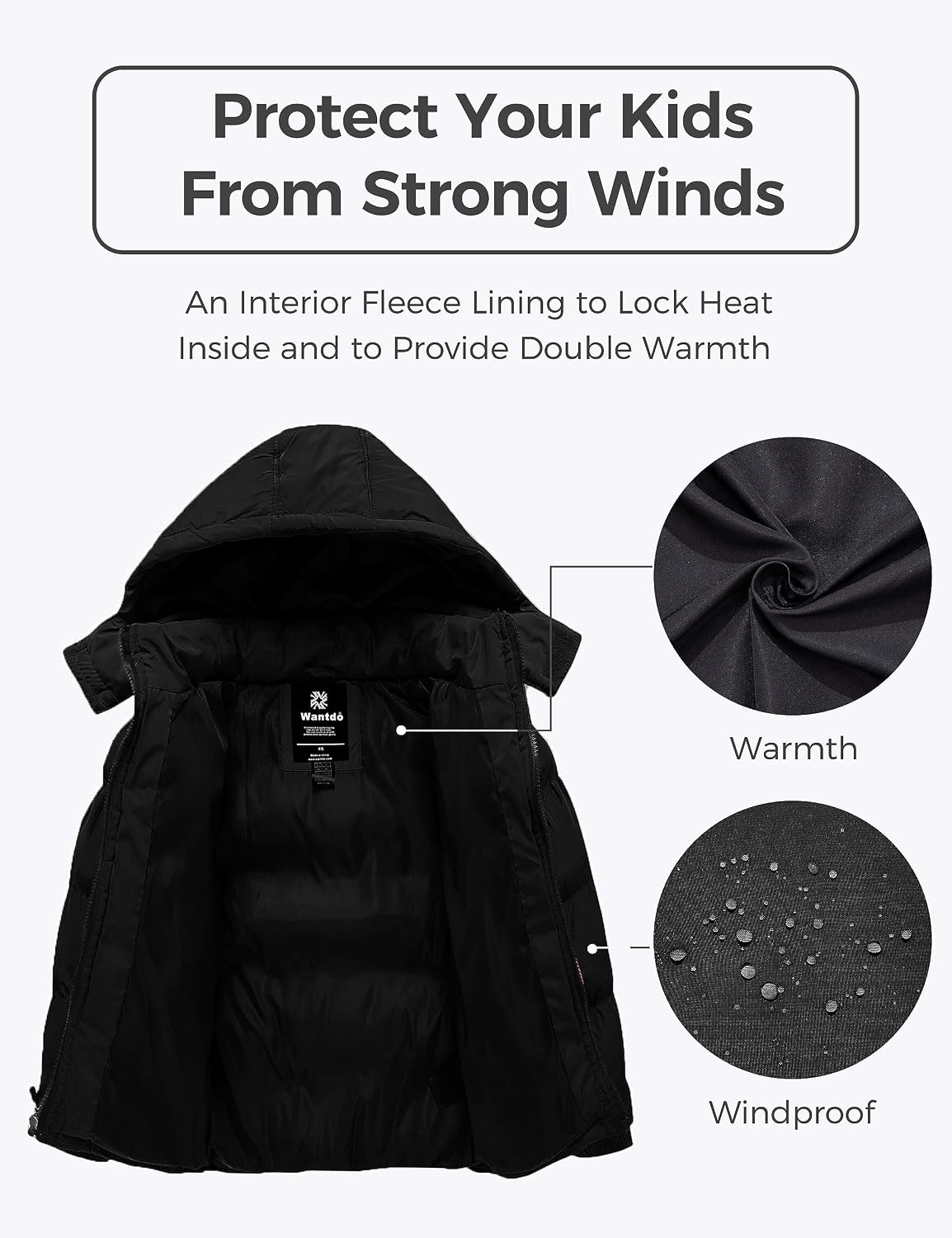 image:imagewantdo Boys Winter Coat Waterproof Puffer Jacket Parka with Removable HoodBlack