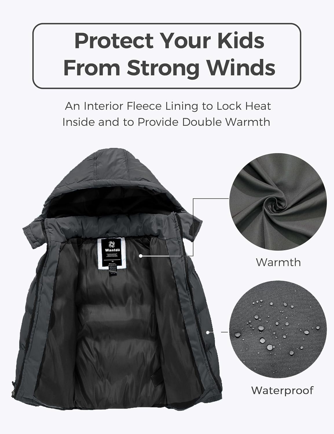 image:imagewantdo Boys Winter Coat Waterproof Puffer Jacket Parka with Removable HoodDark Gray