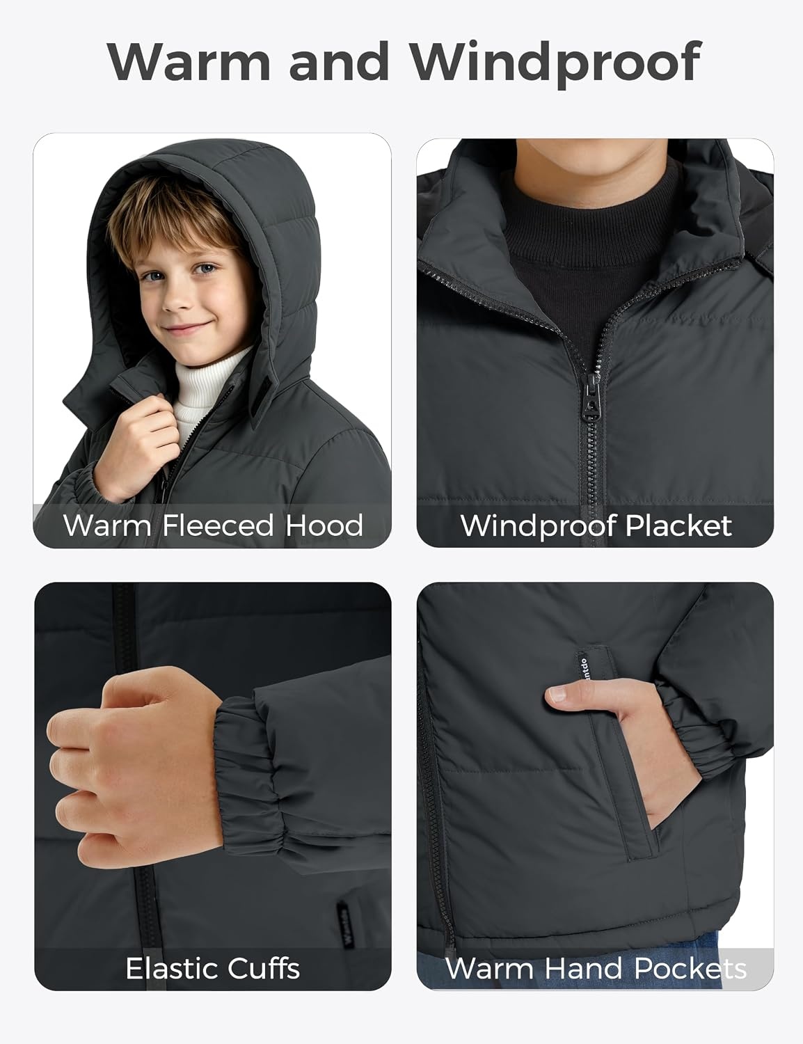 image:imagewantdo Boys Winter Coat Waterproof Puffer Jacket Parka with Removable HoodDark Gray