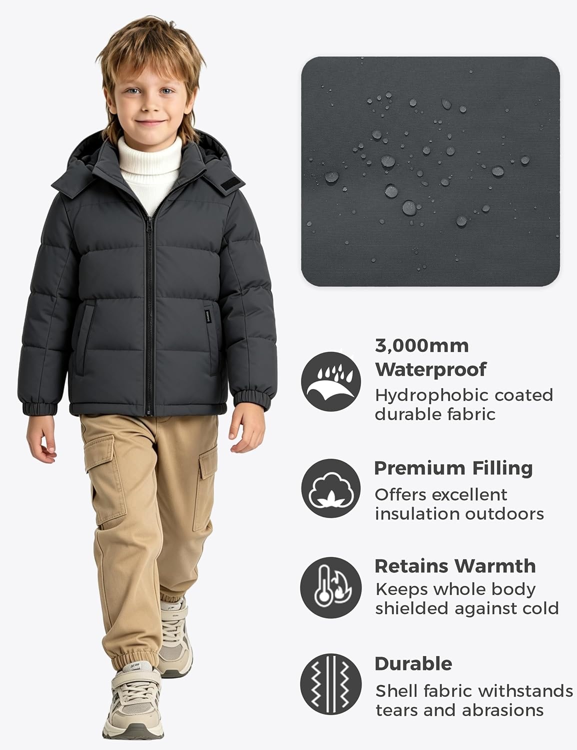 image:imagewantdo Boys Winter Coat Waterproof Puffer Jacket Parka with Removable HoodDark Gray
