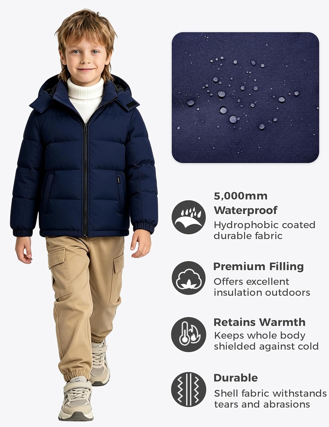 image:imagewantdo Boys Winter Coat Waterproof Puffer Jacket Parka with Removable HoodNavy