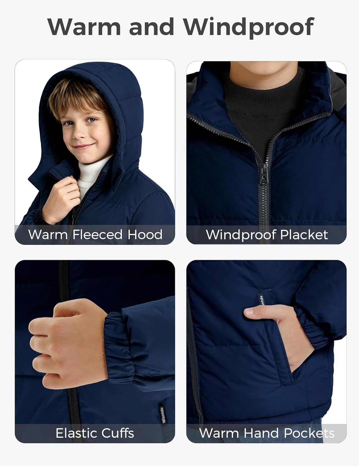 image:imagewantdo Boys Winter Coat Waterproof Puffer Jacket Parka with Removable HoodNavy
