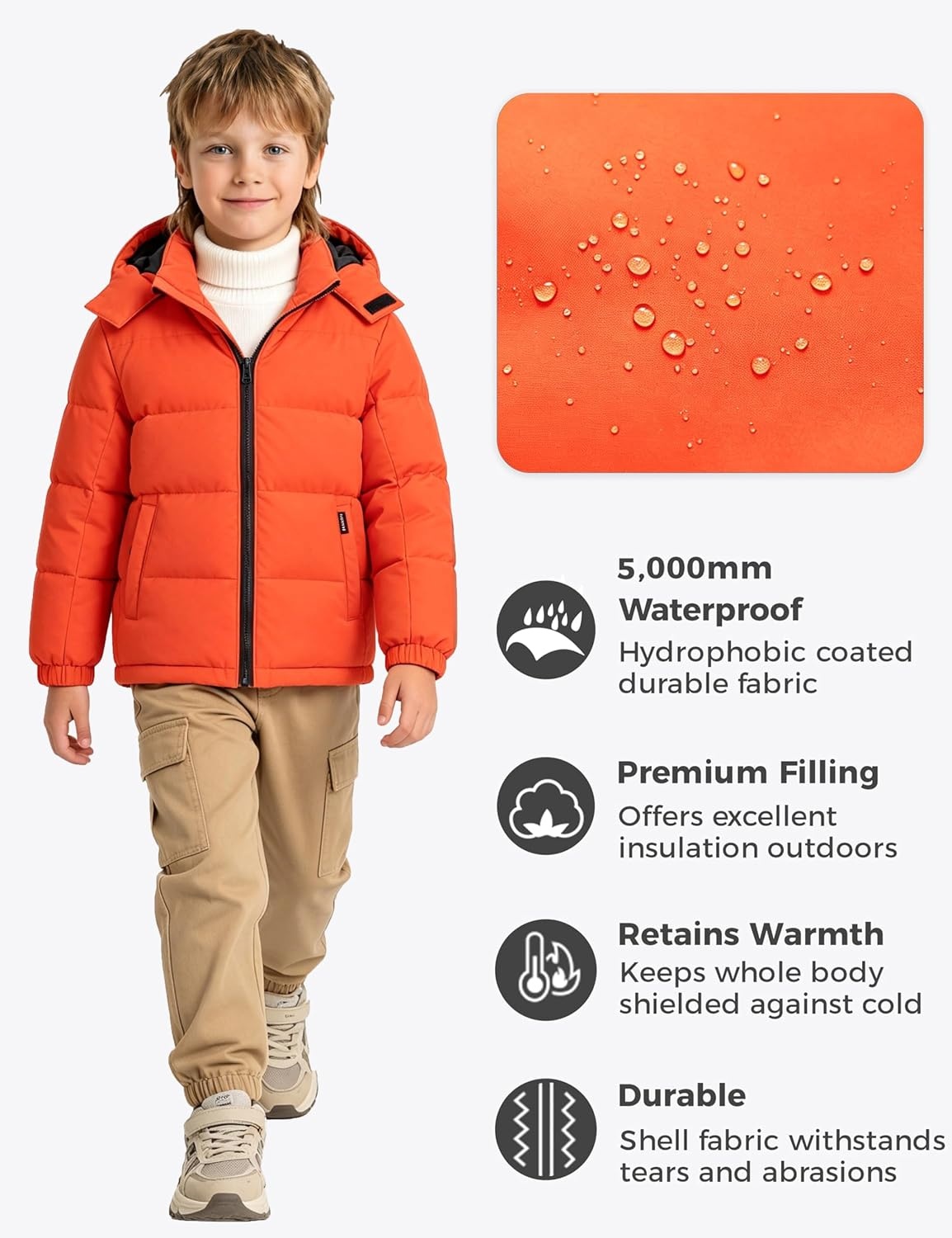 image:imagewantdo Boys Winter Coat Waterproof Puffer Jacket Parka with Removable HoodOrange