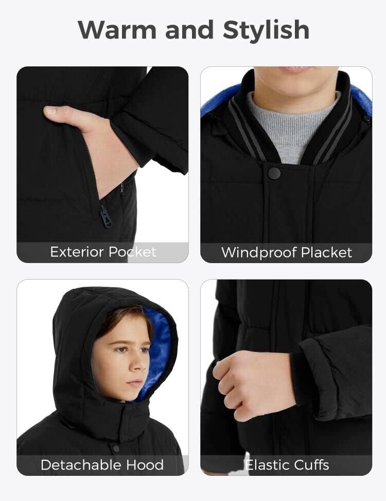 image:imagewantdo Boys Winter Coat Waterproof Puffer Jacket with Removable HoodBlack
