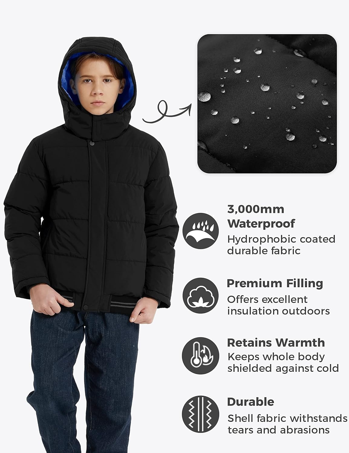 image:imagewantdo Boys Winter Coat Waterproof Puffer Jacket with Removable HoodBlack