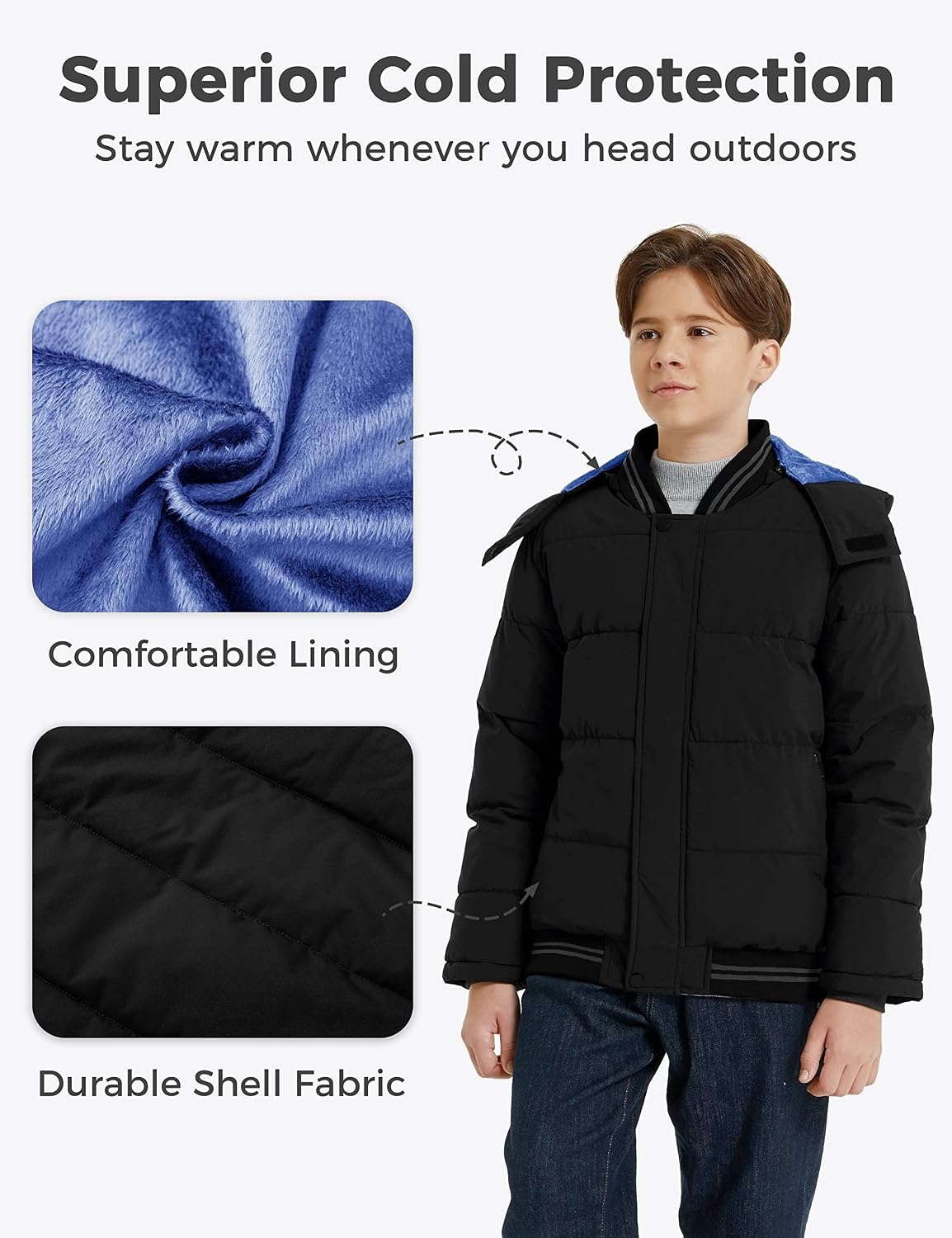 image:imagewantdo Boys Winter Coat Waterproof Puffer Jacket with Removable HoodBlack