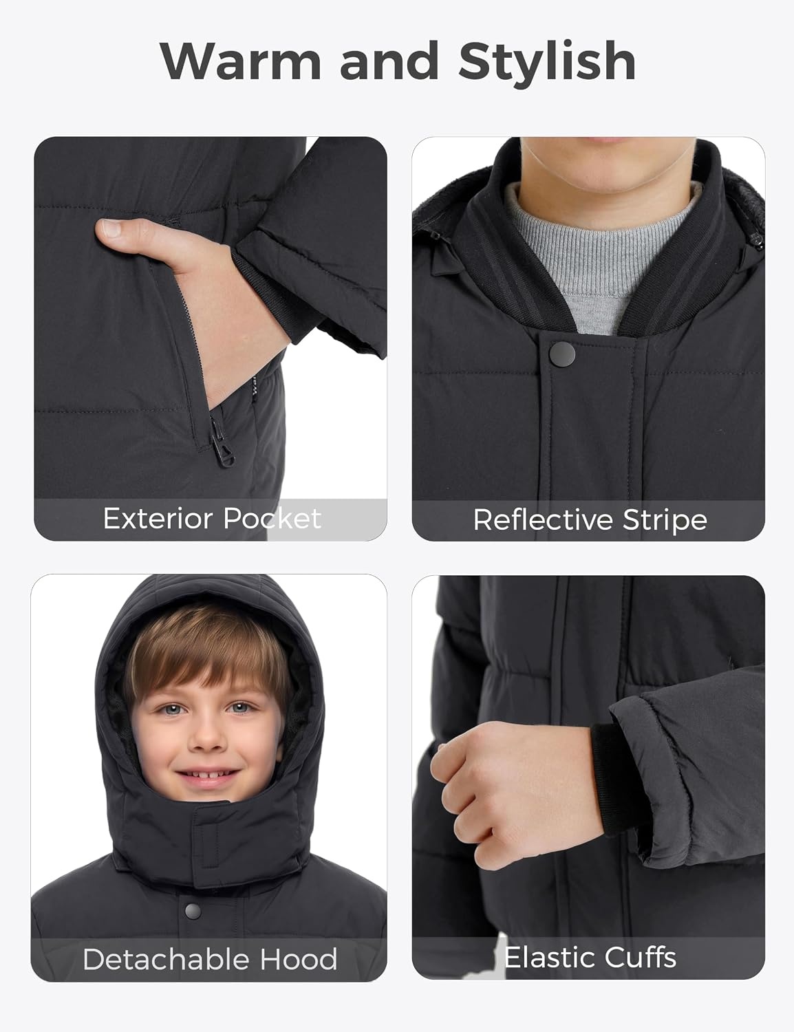 image:imagewantdo Boys Winter Coat Waterproof Puffer Jacket with Removable HoodDark Grey