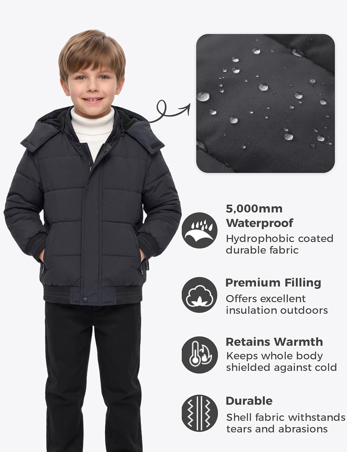 image:imagewantdo Boys Winter Coat Waterproof Puffer Jacket with Removable HoodDark Grey