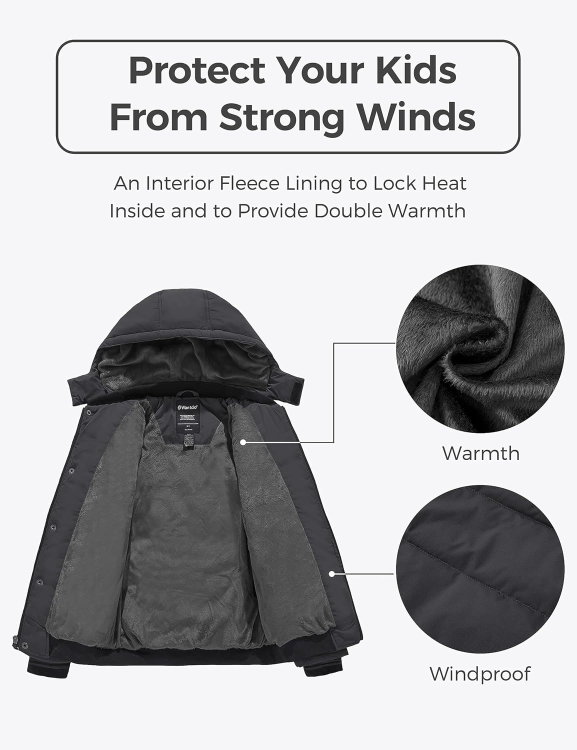 image:imagewantdo Boys Winter Coat Waterproof Puffer Jacket with Removable HoodDark Grey