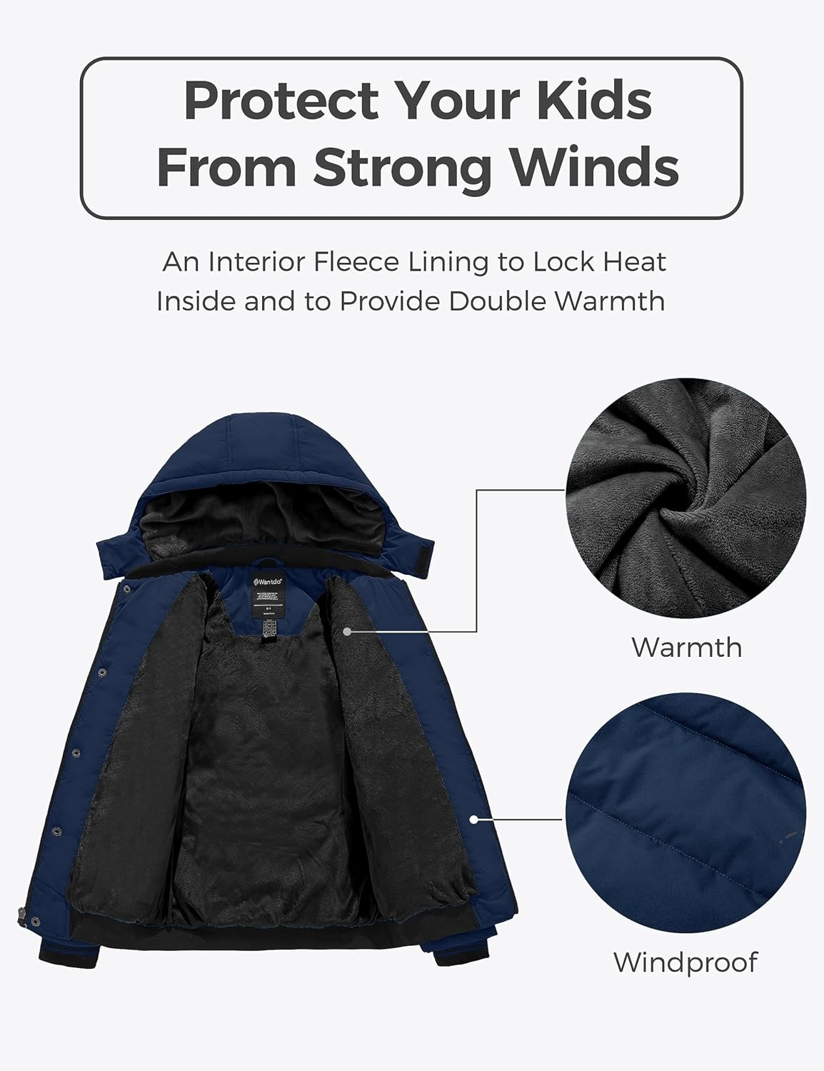 image:imagewantdo Boys Winter Coat Waterproof Puffer Jacket with Removable HoodNavy