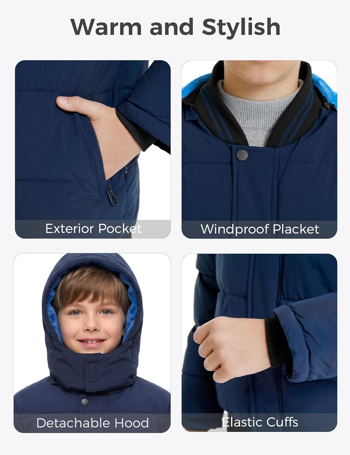 image:imagewantdo Boys Winter Coat Waterproof Puffer Jacket with Removable HoodNavy