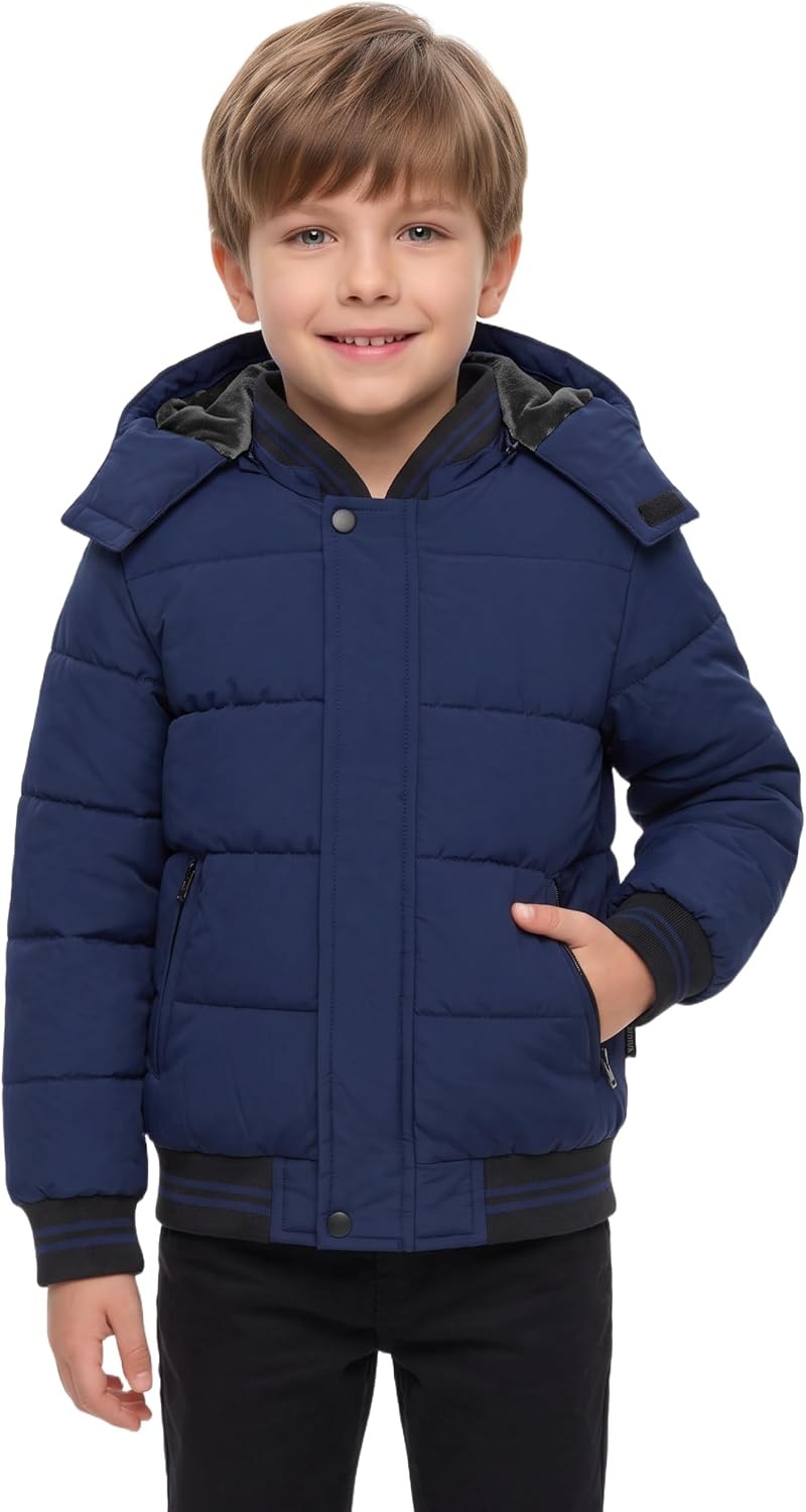 image:imagewantdo Boys Winter Coat Waterproof Puffer Jacket with Removable HoodNavy