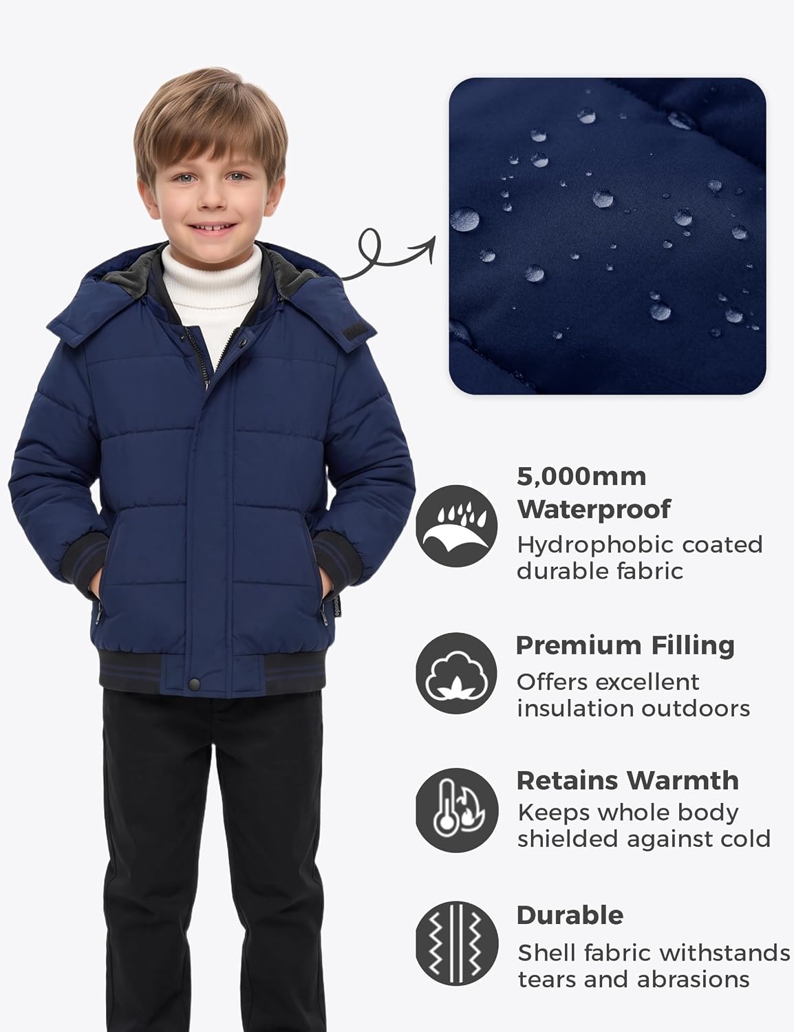 image:imagewantdo Boys Winter Coat Waterproof Puffer Jacket with Removable HoodNavy